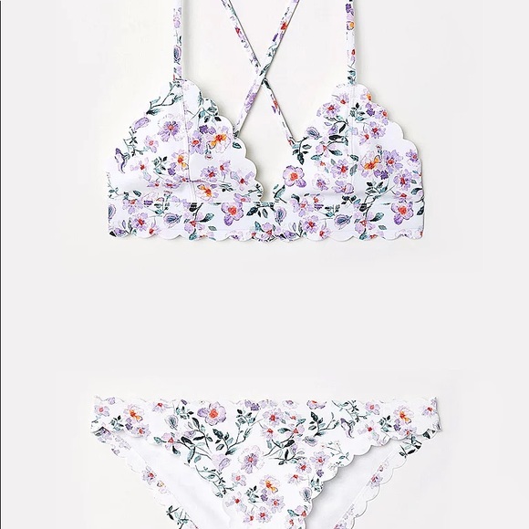 white and pink floral bikini with scallop trim h&m